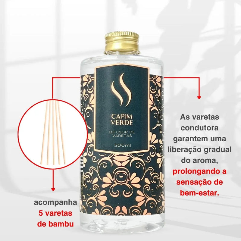 Difusor de Varetas Refil - Capim Verde 500ml - Perfume de Ester