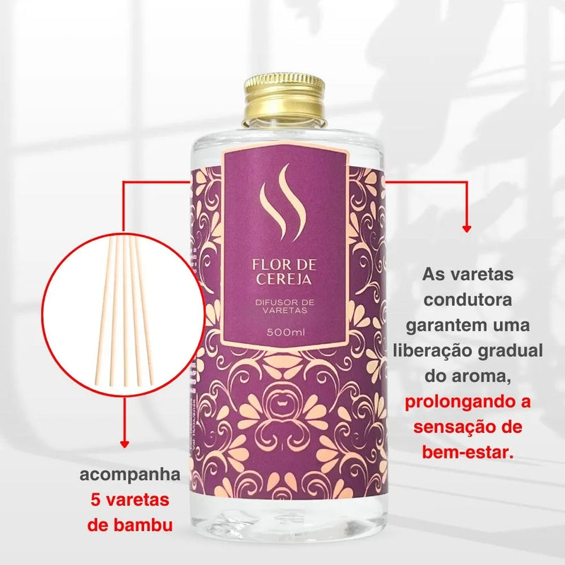 Difusor de Varetas Refil - Flor de Cereja 500ml - Perfume de Ester