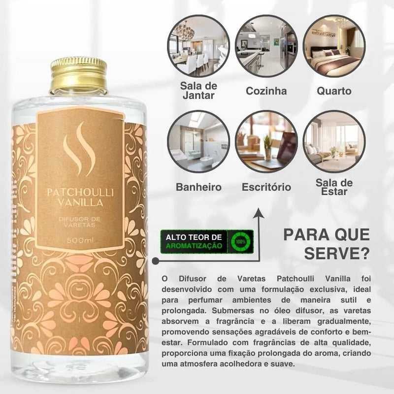 Difusor de Varetas Refil - Patchoulli Vanilla 500ml - Perfume de Ester