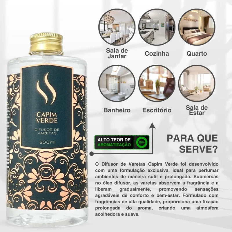 Difusor de Varetas Refil - Capim Verde 500ml - Perfume de Ester